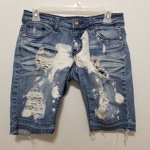 Sulfr shorts 7 distressed bleach splatter bermuda denim jean long whiskered torn